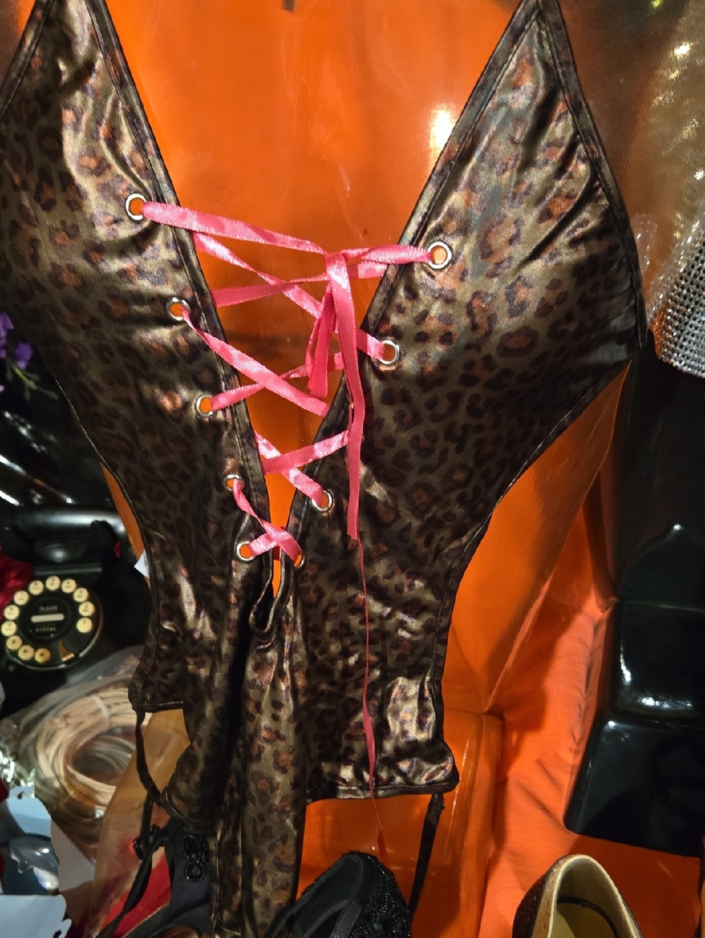 Leopard Satin Lace-Up Bustier with Pink Ribbon